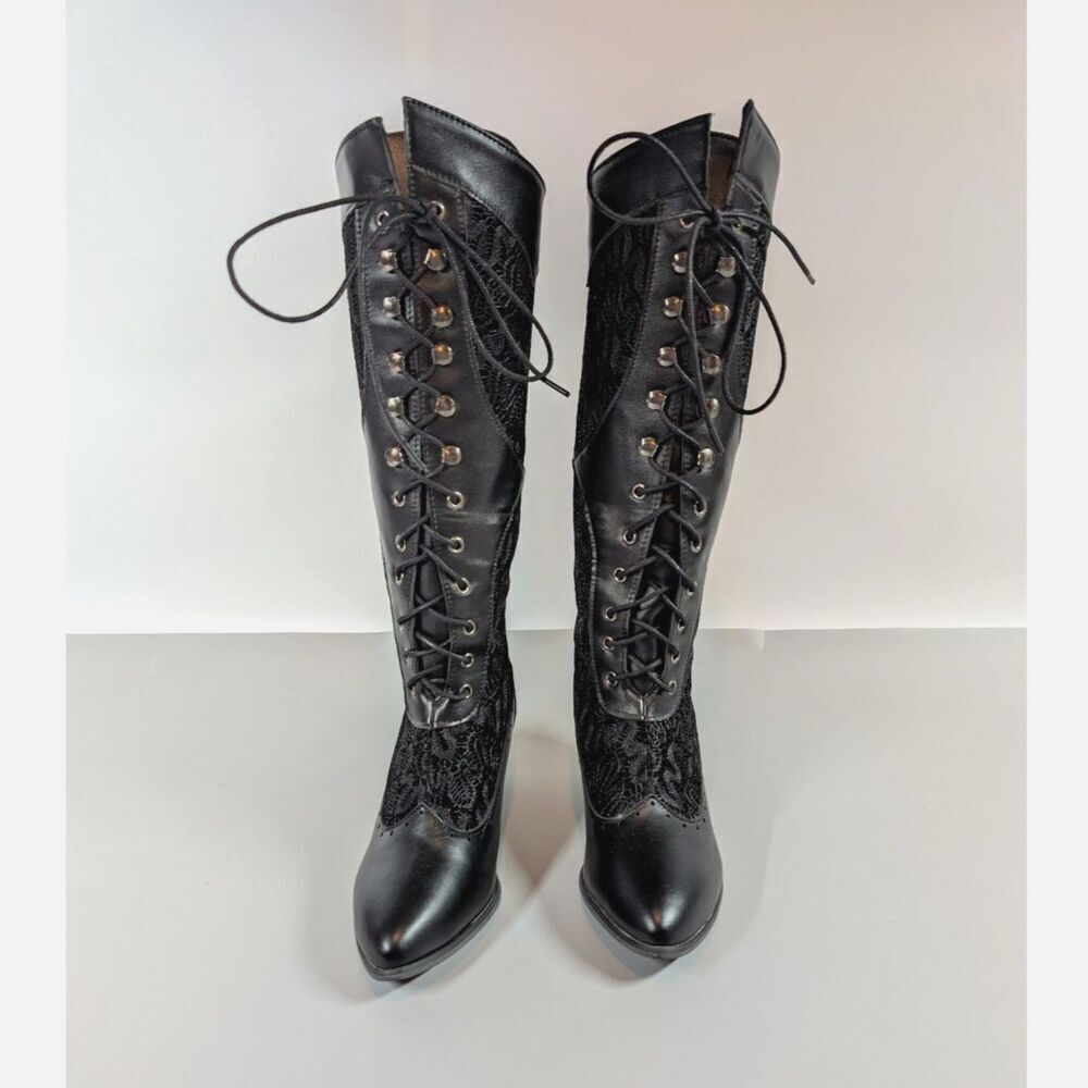 Victorian Goth Lace Up Boots Black Regency Kitten Heel Size 4.5-5 Pirate Cosplay - Picture 3 of 14